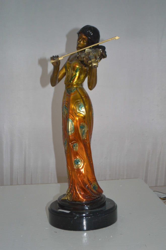 Girl Playing the violin Bronze Statue -  Size: 10"L x 7"W x 19"H.