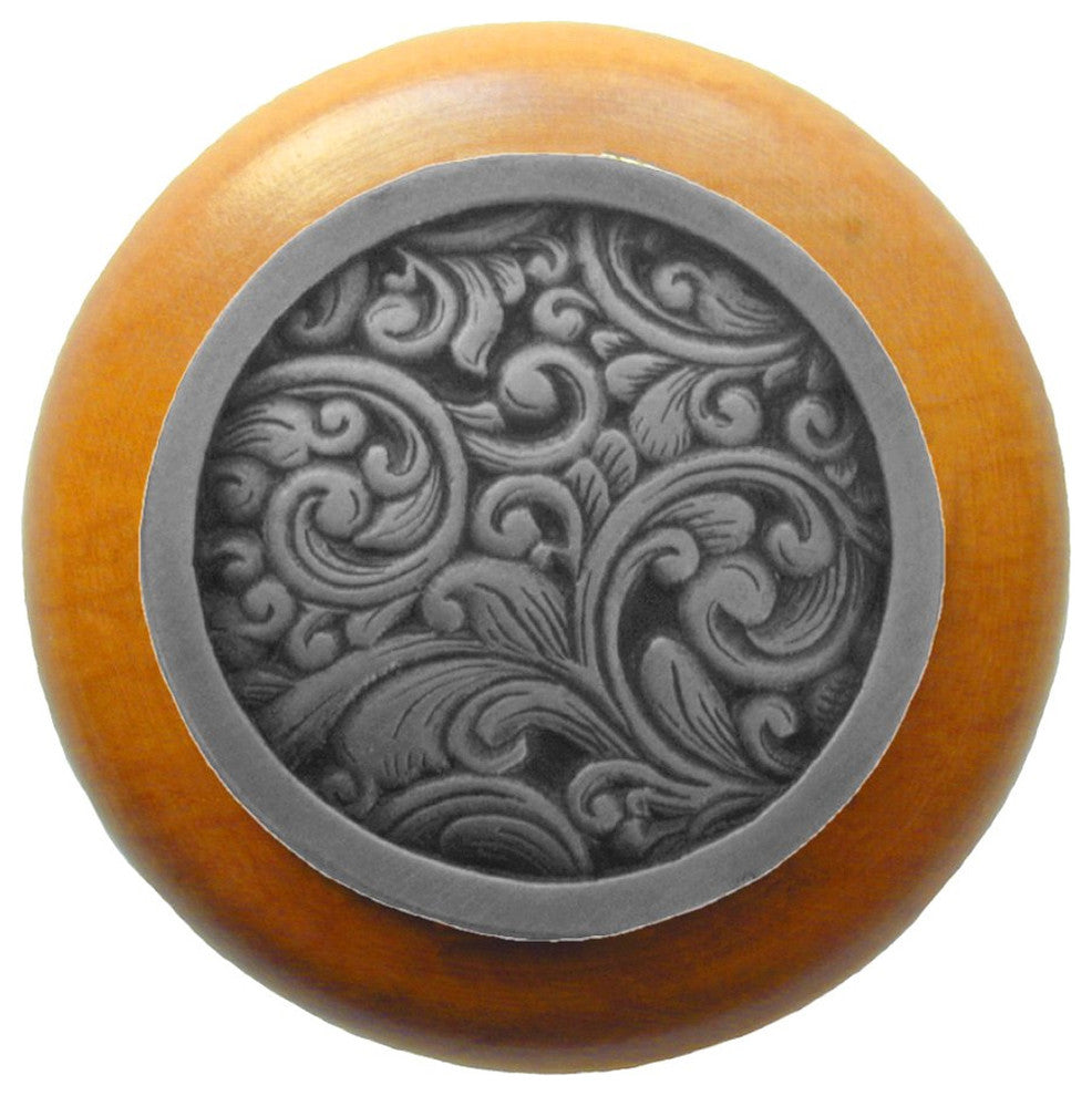 Saddleworth Wood Knob, Antique Brass, Maple Wood Finish, Antique Pewter