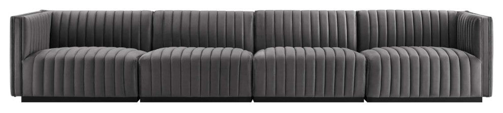 Conjure Channel Tufted Performance Velvet 4-Piece Sofa, Black Gray