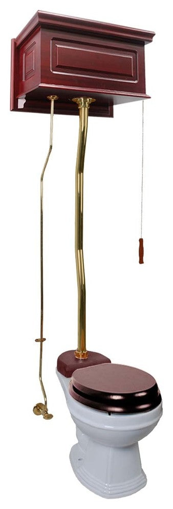 High Tank Toilets White Raised Panel Cherry Finish Round Z-Pipe, Cherry, Brass, White