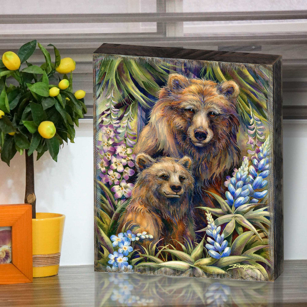 Grin and Bear it Grizzly Mother and Cub Wooden Wall Art, Small 12x9