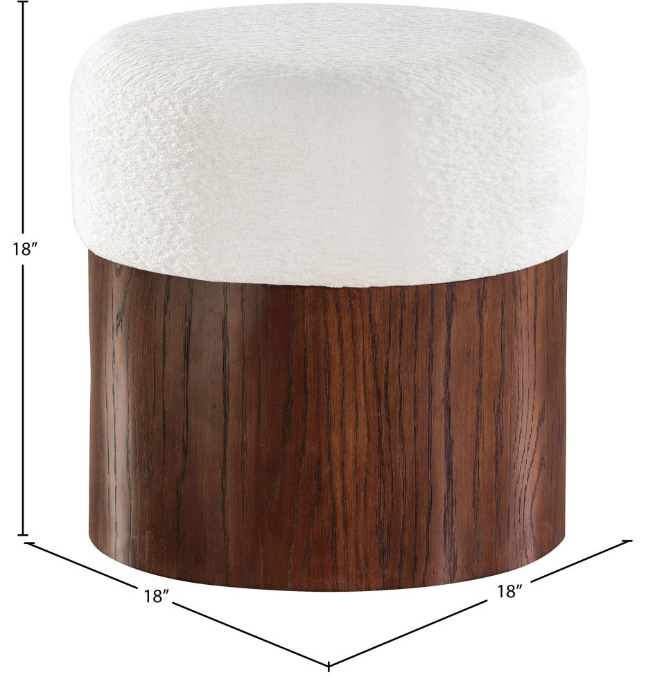 Nimes Upholstered Ottoman, Cream, Velour Fur, Walnut Finish