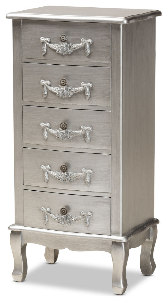 Callen Classic and Traditional Brushed Silver Finished Wood 5-Drawer Chest