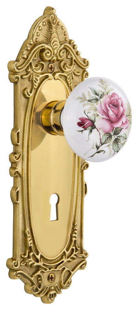 Victorian Plate With Keyhole Privacy White Rose Poreclain Knob, Polished Brass