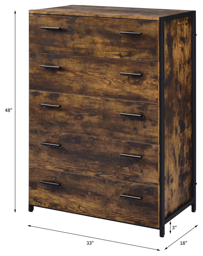 Industrial Vertical Dresser, 5 Drawers With Double Bar Pulls, Rustic Oak/Black