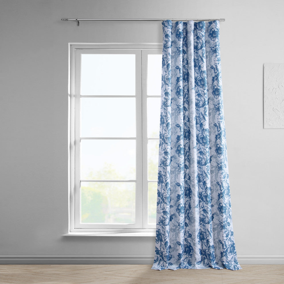 Blue Poppy Printed Linen Textured Room Darkening Curtain Single Panel, 50"x108"