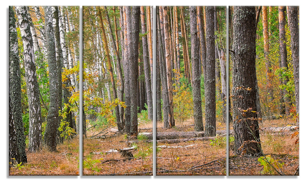 Green Fall Forest with Thick Woods, Modern Forest Canvas Art, 48"x28", 4 Panels