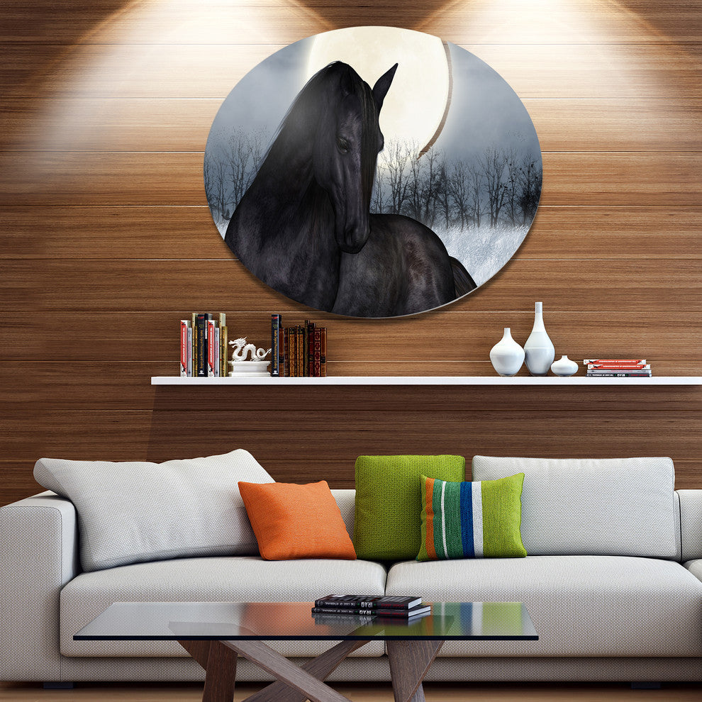 Black Horse In Moonlight, Animal Disc Metal Wall Art, 11"