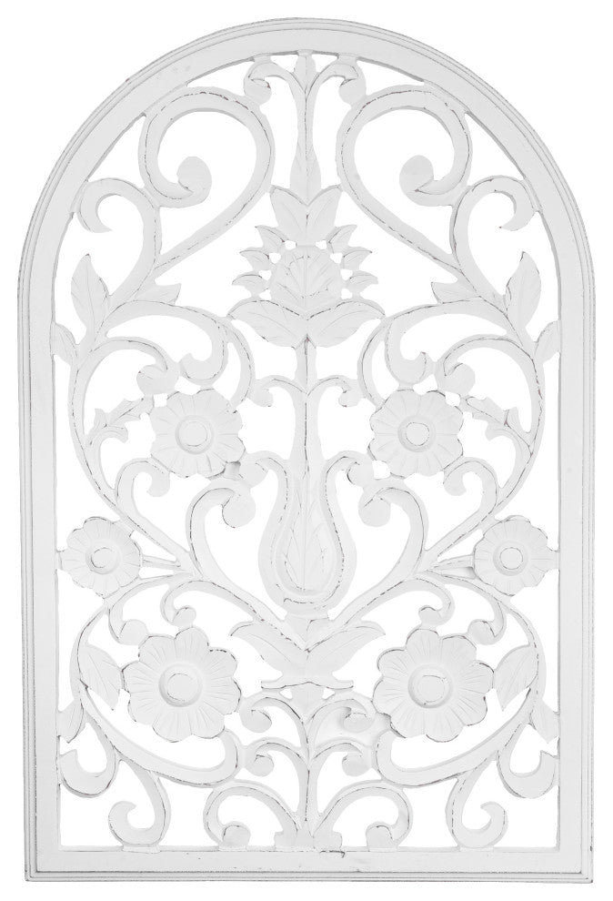 American Art Decor Arched Windowpane Floral Wood Wall Panel, White 36"x24"