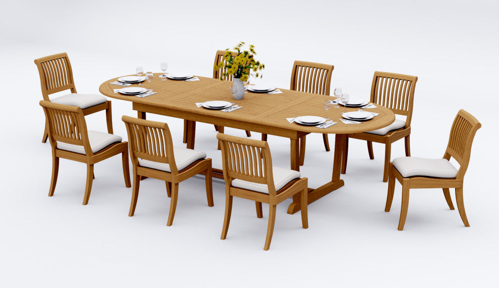 9-Piece Outdoor Teak Dining Set: 117" Masc Oval Table, 8 Arbor  Armless Chairs