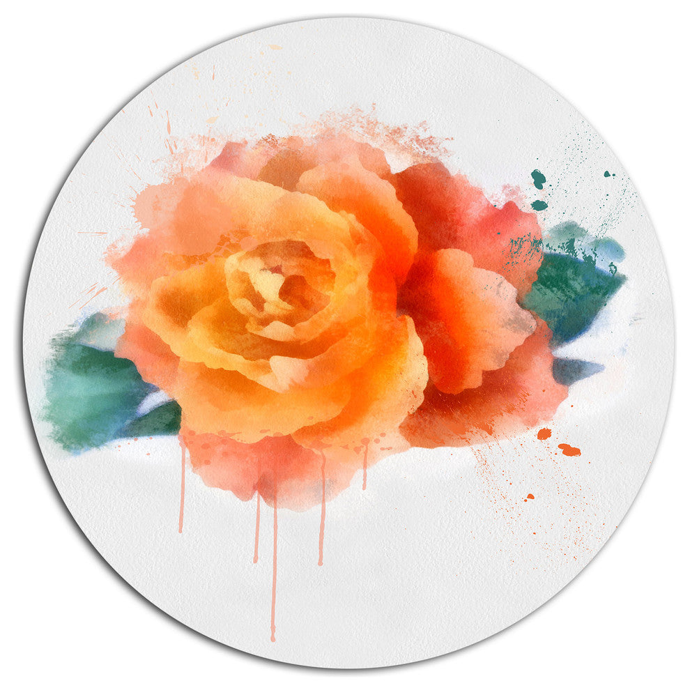 Orange Rose With Green Leaves, Floral Large Disc Metal Wall Art, 11"