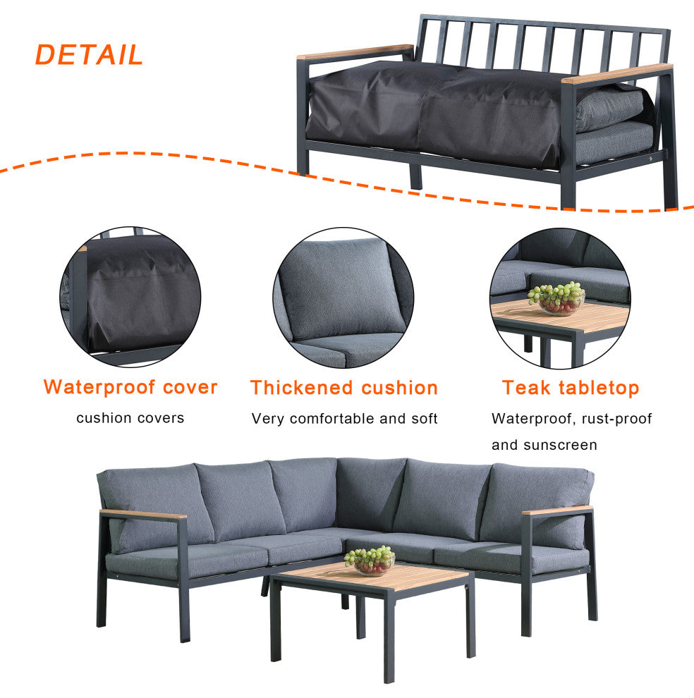 Rossio Outdoor Sectional Conversation Set ,Aluminum Frame,Teak Finish