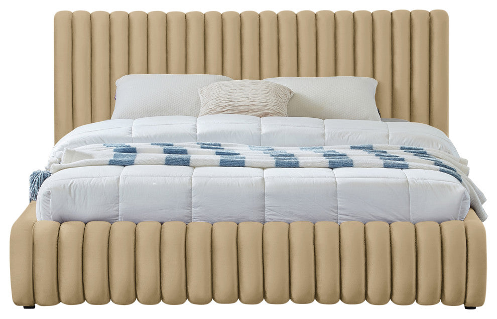 Nico Black Velvet Upholstered Bed, Camel, Queen