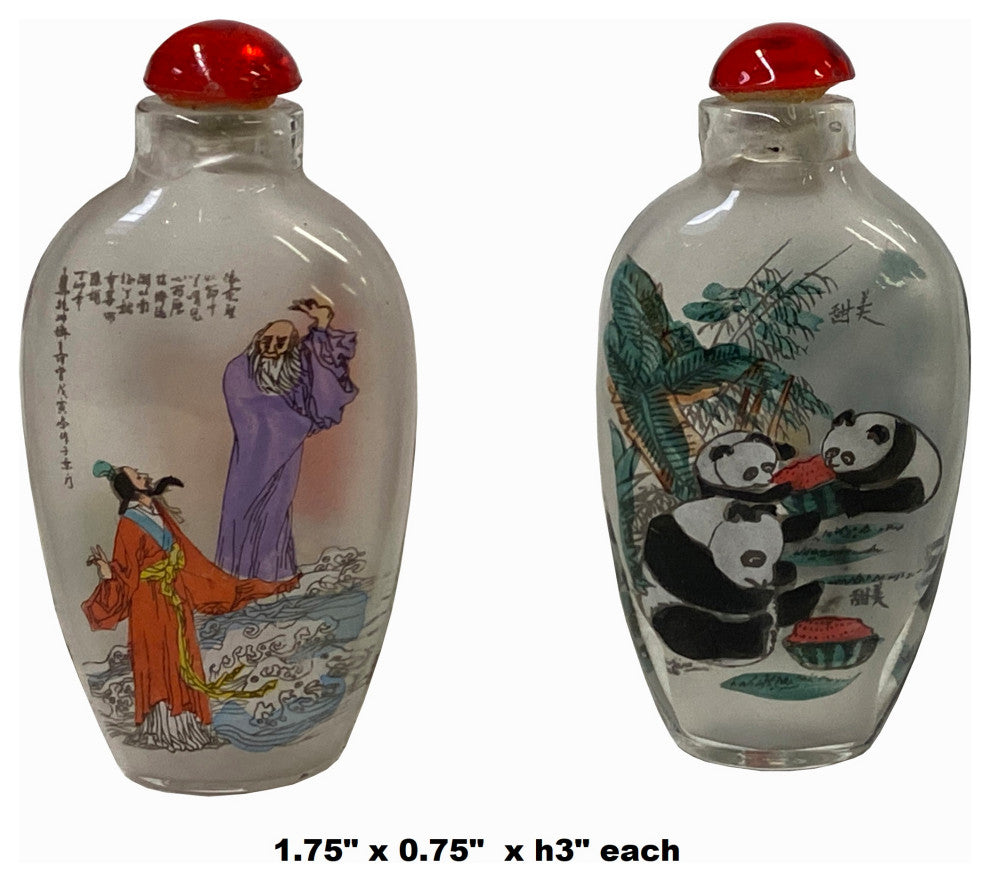 2 x Chinese Glass Snuff Bottle Scholars Pandas Graphic Hws1330
