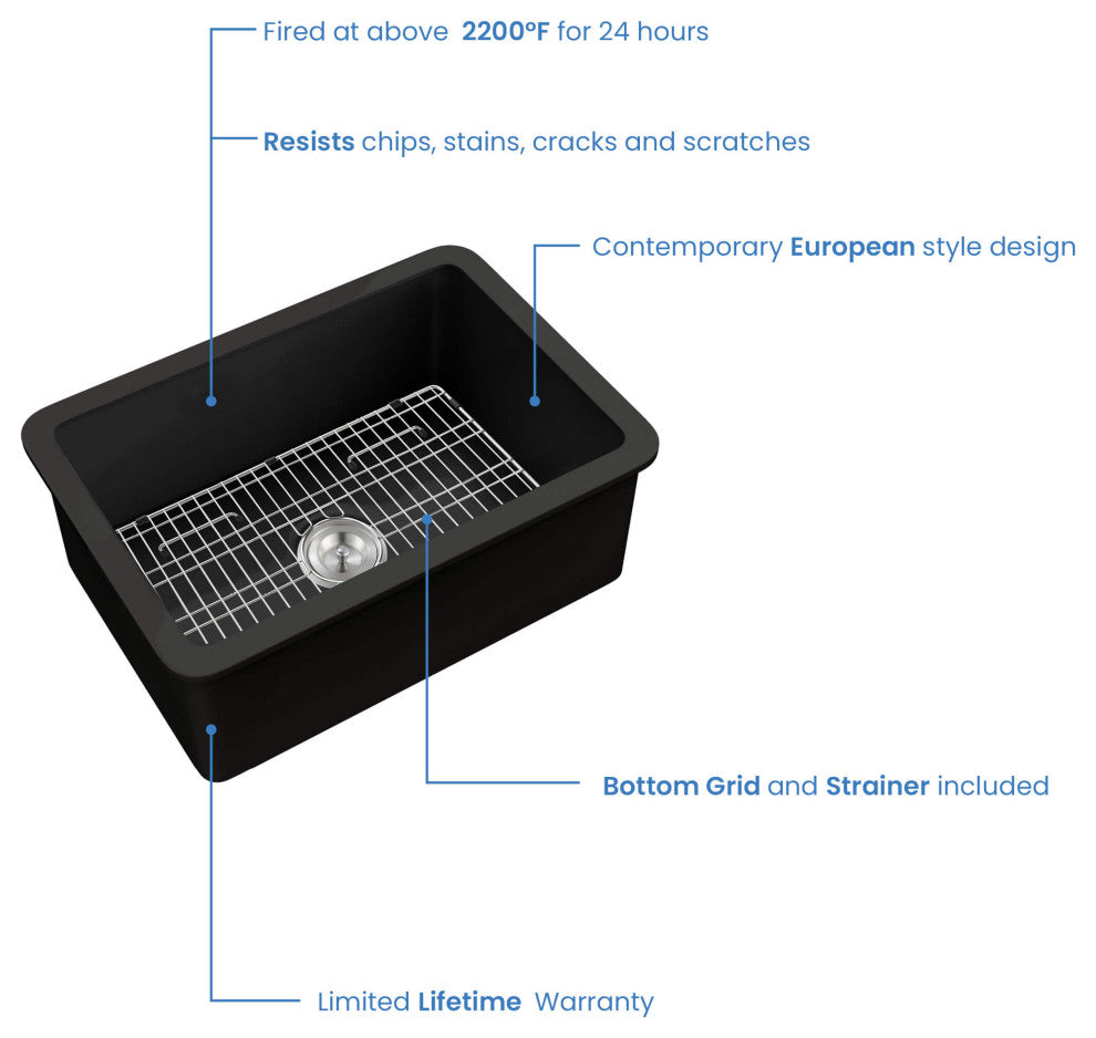 Pure 27" Fireclay Kitchen Undermount Single Bowl Sink, Matte Black