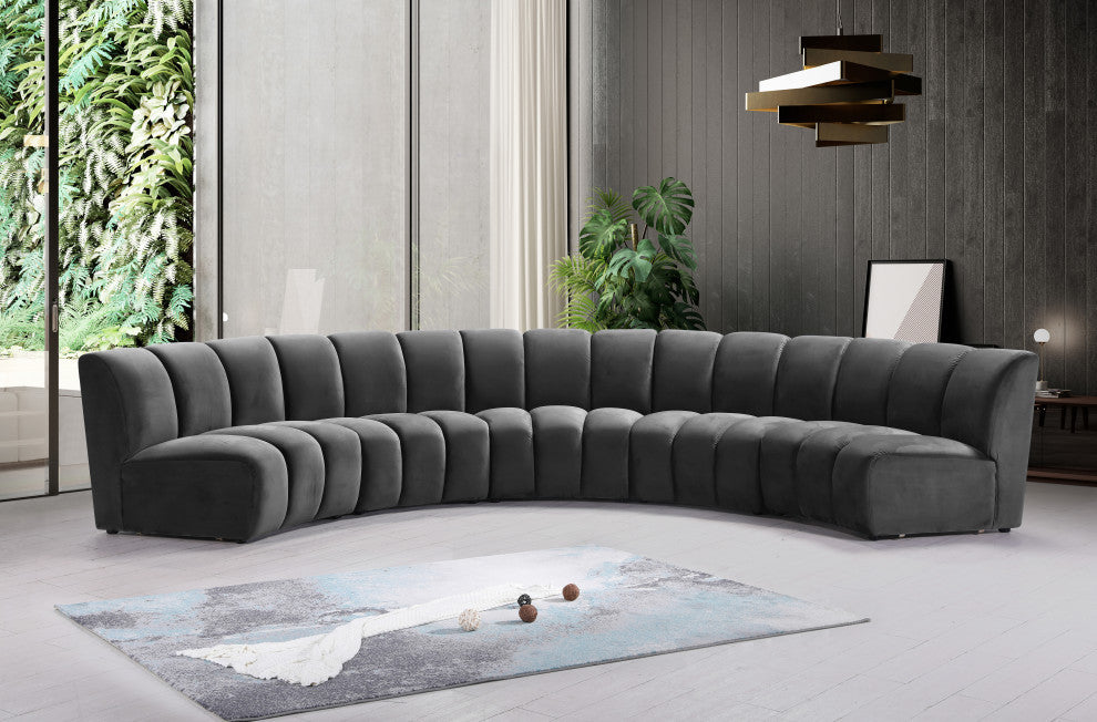 Infinity Channel Tufted Velvet Modular Chair, Gray, 5 Piece