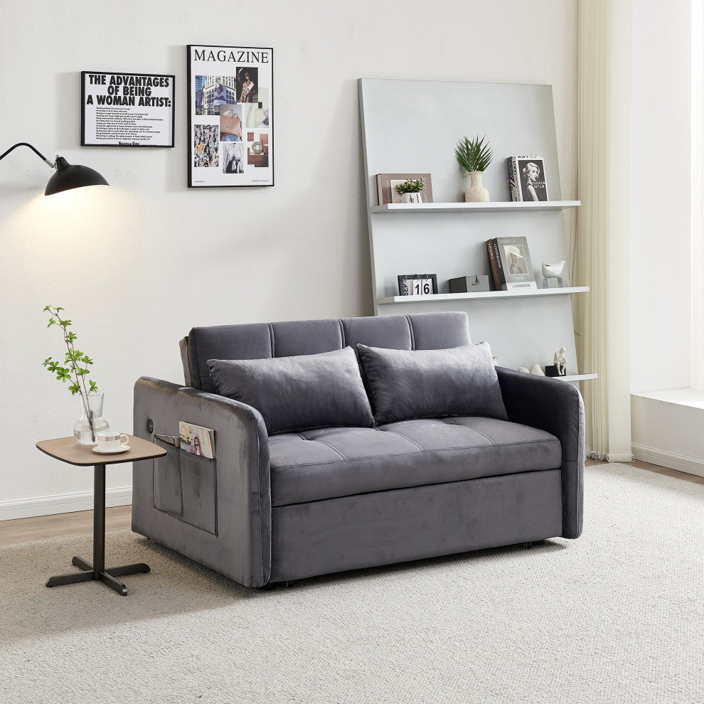 TATEUS 55.5" Twins Pull Out Sofa Bed Velvet for Small Room Grey
