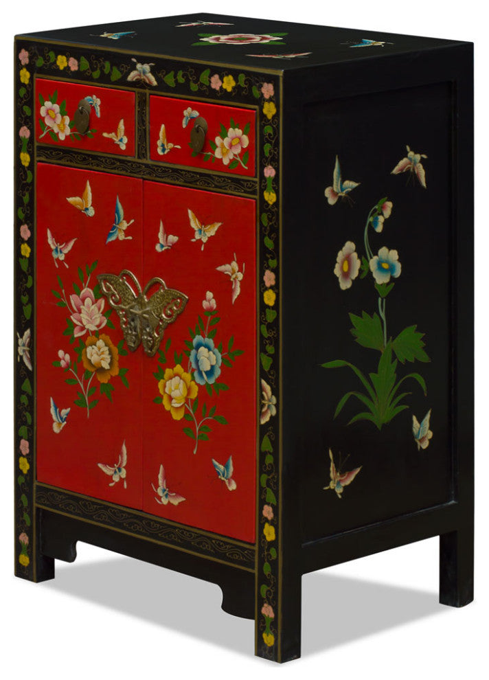 Red and Black Hand Painted Elmwood Butterfly Motif Oriental Cabinet