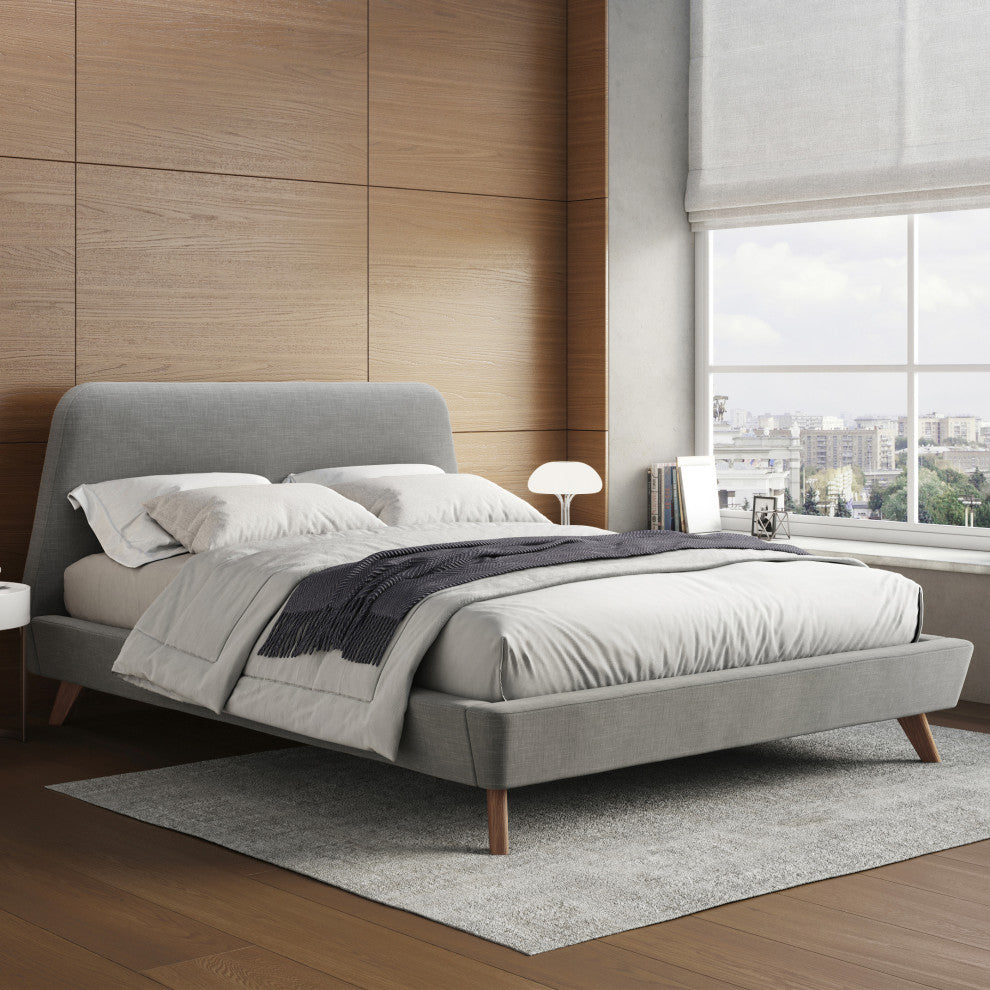 Henry Mid-Century Modern Upholstered Platform Bed, Light Gray, Queen