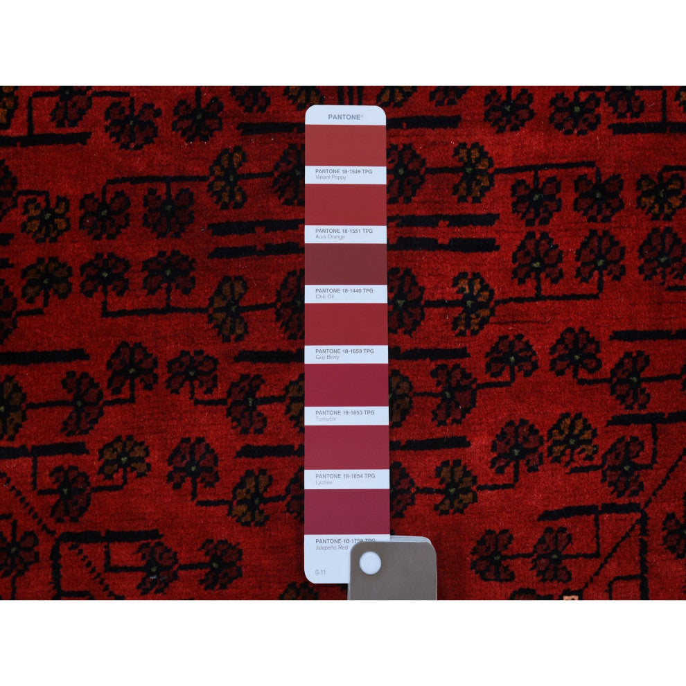 Deep and Saturated Red Shiny Wool Hand Knotted Afghan Khamyab Rug, 3'4"x4'10"