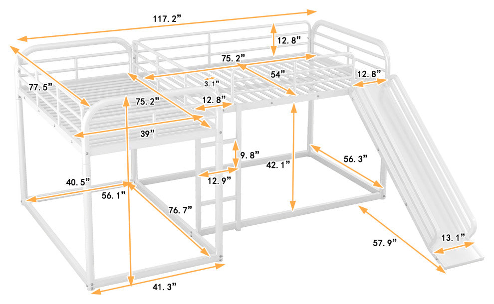Gewnee Full and Twin Size L-Shaped Bunk Bed with Slide and Short Ladder in White