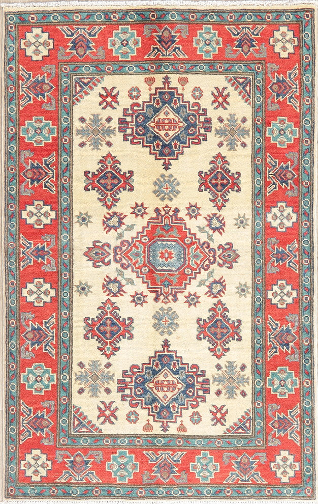 Hand-Knotted Oriental Kazak Traditional Pakistani Area Rug, Beige, 4'10"X3'1"
