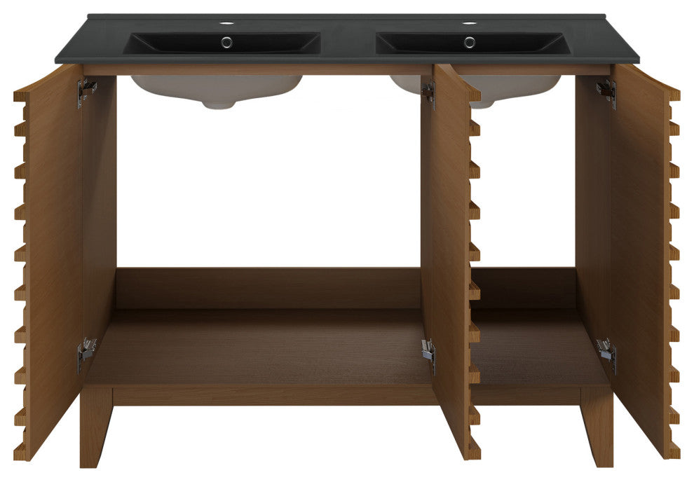 Cascade 48" Brown Oak, Double Basin Bathroom Vanity With Black Sink Top