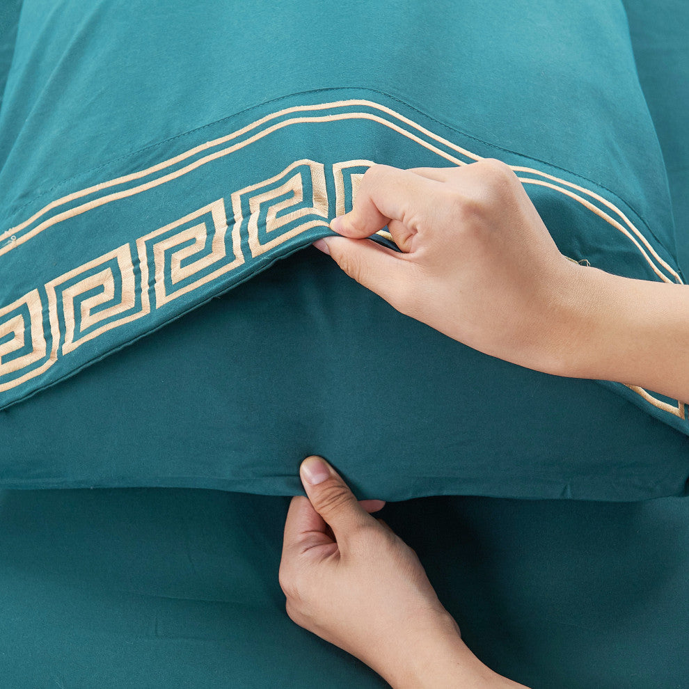 Serenta Greek Key Embroidered Microfiber 4 Piece Bed Sheet Set, Dark Teal, Twin