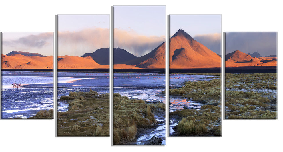 "Colorada Lagoon And Volcano Pabellon" Landscape Wall Art, 5 Panels, 60"x32"