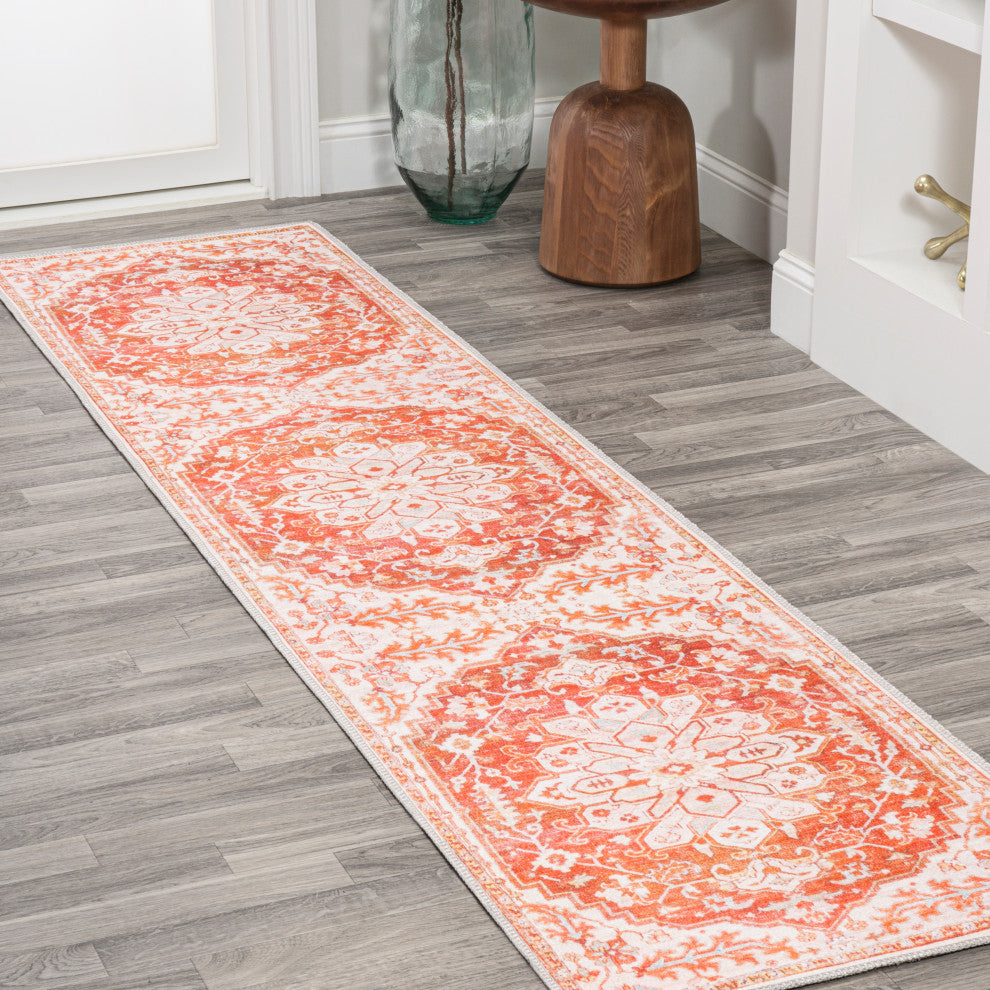 Asa Ornate Medallion Machine Washable Indoor Area Rug, Orange/Cream, 2 X 8