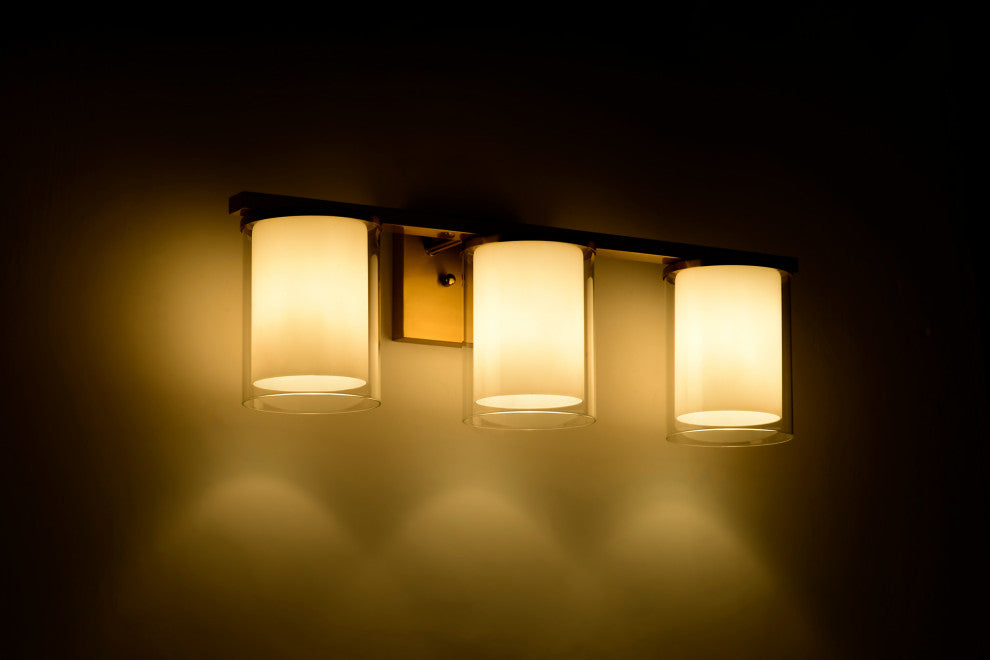 3-Light Gold Modern Vanity Light With Clear Glass and White Glass Dual Shades