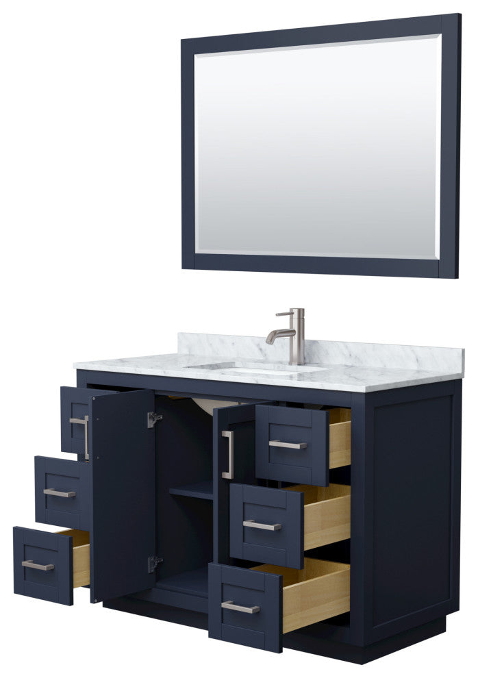 48"SGL Vanity Dark Blue, Carrara Countertop, Sink, Nickel Trim, 46"Mirror