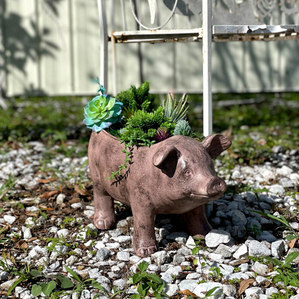 17 Inch Long Rustic Brown Finish Smiling Pig Planter