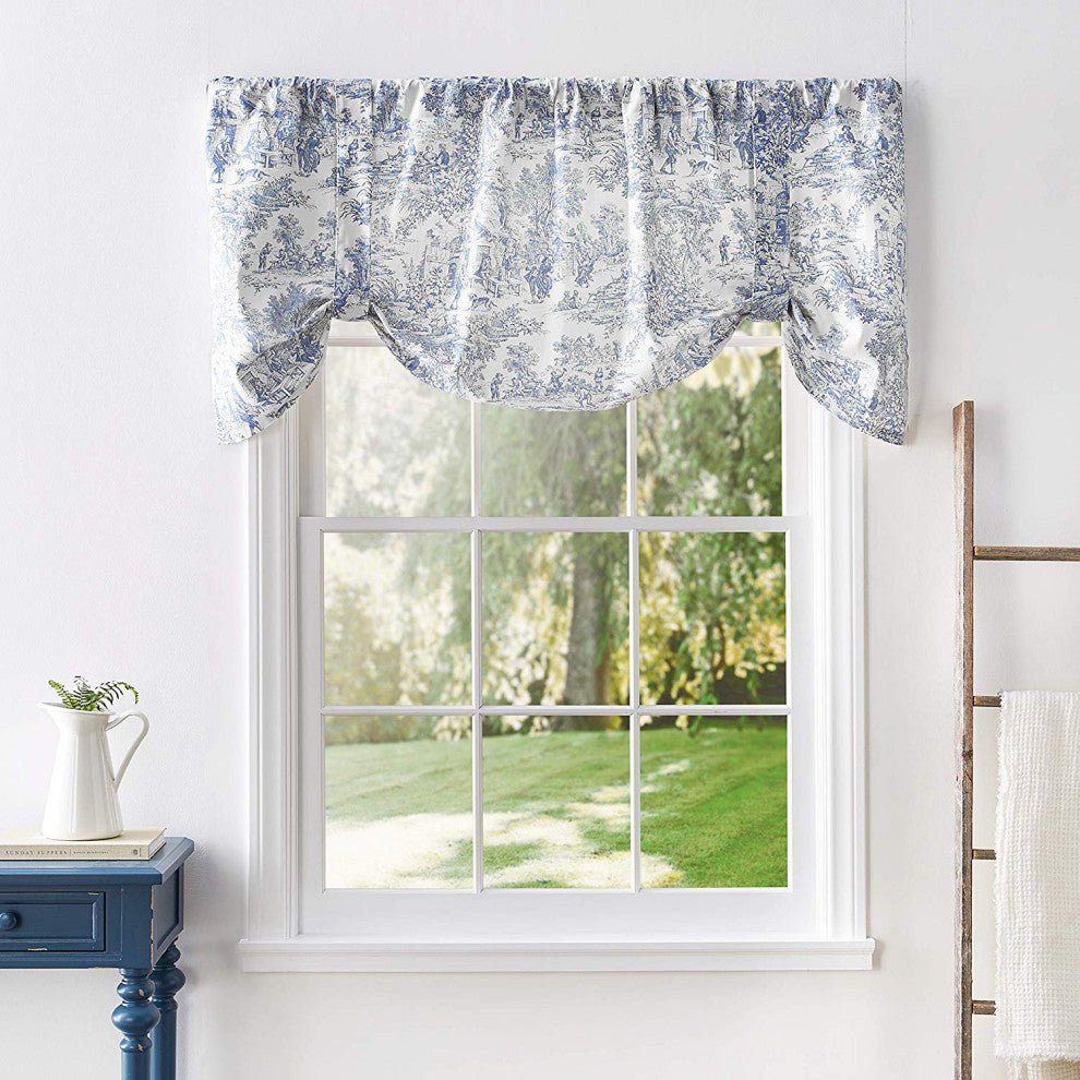 Ellis Curtain Victoria Park Toile 60"x24" Tie-Up Valence, Blue, Blue