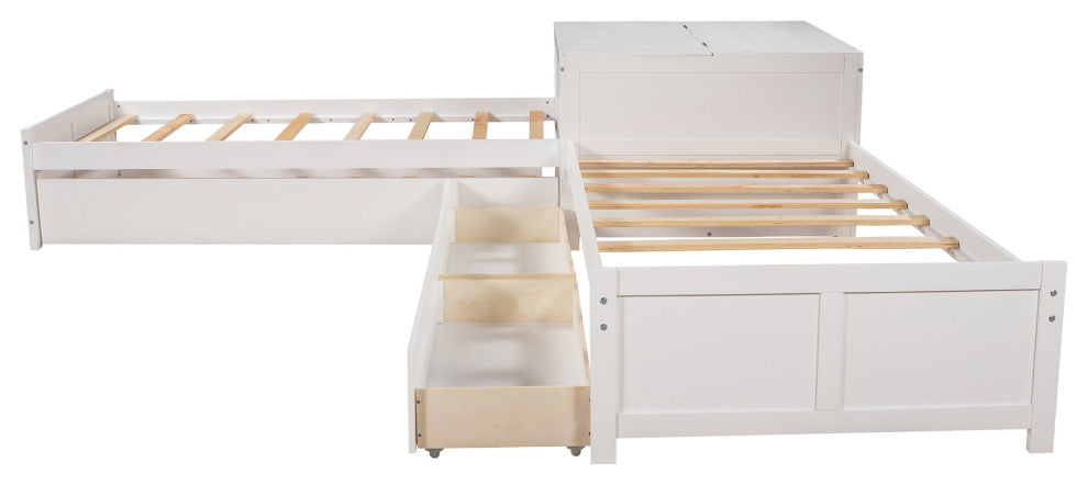 Twin Wood Frame Platform Bed with Trundle and Drawers , White, Twin