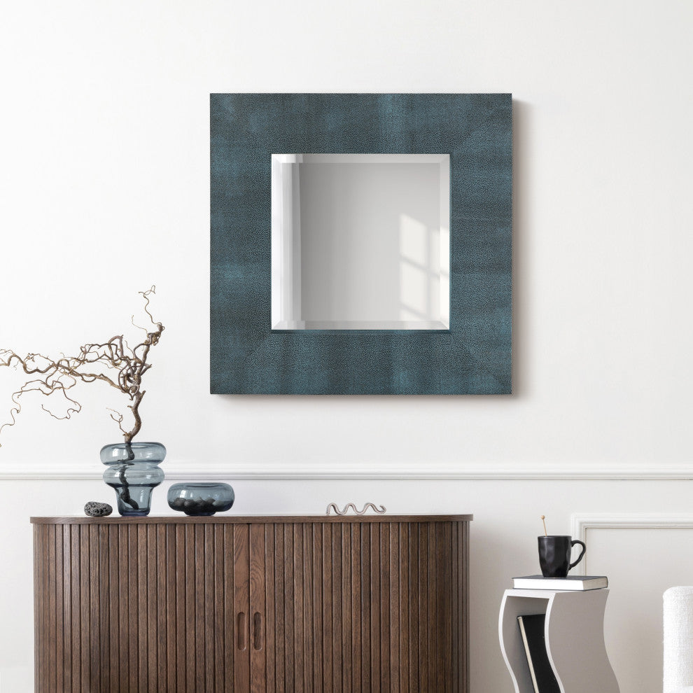 Beveled Wall Mirror, Black on Blue Metallic Shagreen Leather Framed Mirror