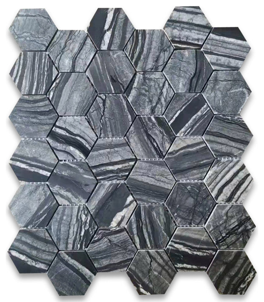 Silver Wave Black Forest Marble 2 Hexagon Mosaic Wall Floor Tile Honed, 1 sheet