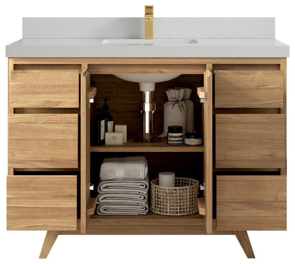 Madison Teak 48 Single Sink Bath Vanity in Light Natural 2" Carrara Quartz