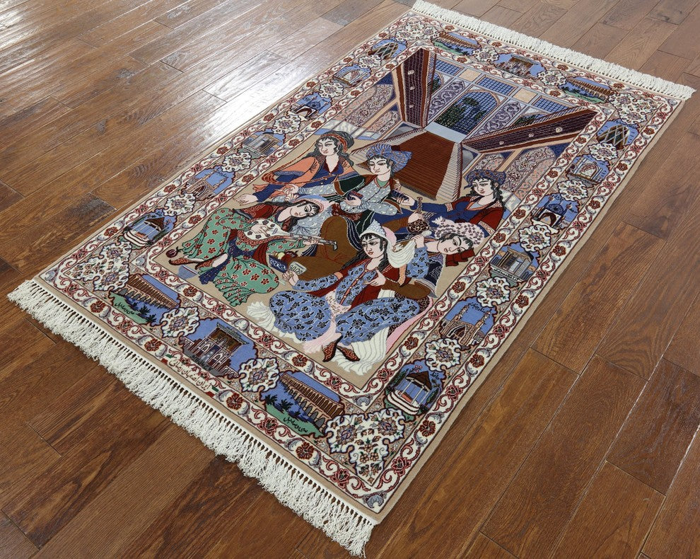 Authentic Persian Isfahan Pictorial Scene Hand Knotted Wool and Silk Rug, 4x6
