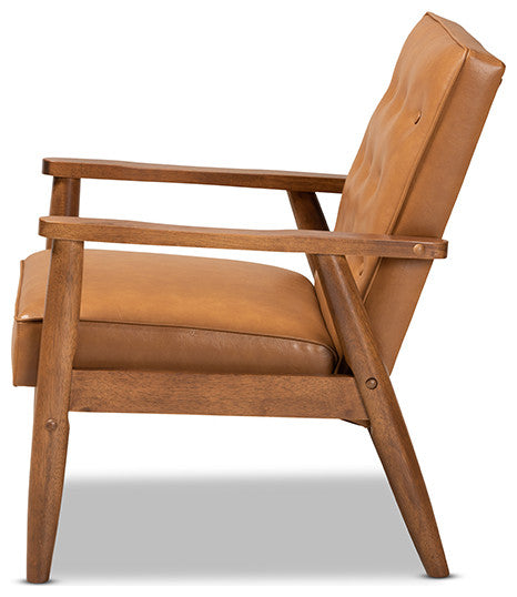 MCM Tan Faux Leather Upholstered and Walnut Brown Finished Wood Lounge Chair