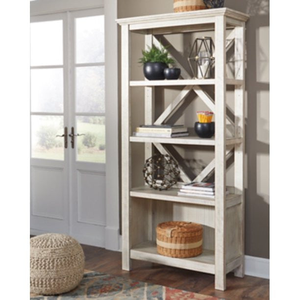 Farmhouse Bookcase, Lower Open Cubby & Open Shelves With X Back, Whitewash