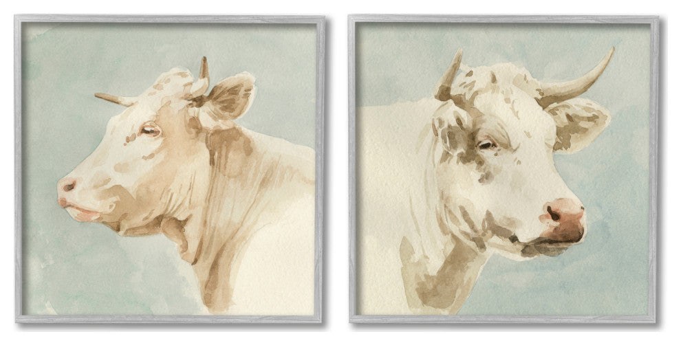 Vintage Farm Cattle Cows Watercolor Portrait Beige Blue,24 x 24