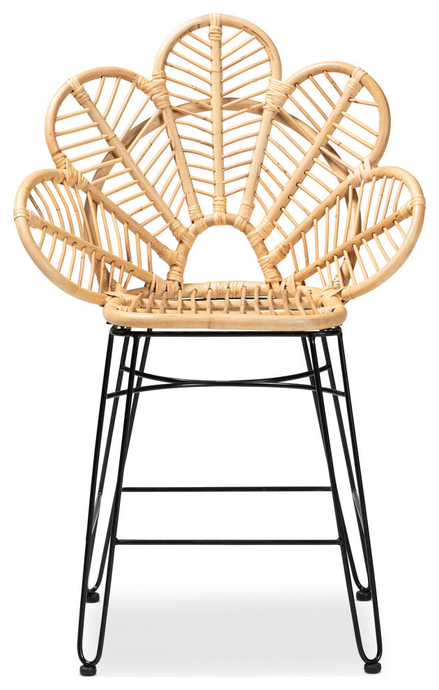 Garan Modern Bohemian Natural Brown Rattan and Black Metal Counter Stool
