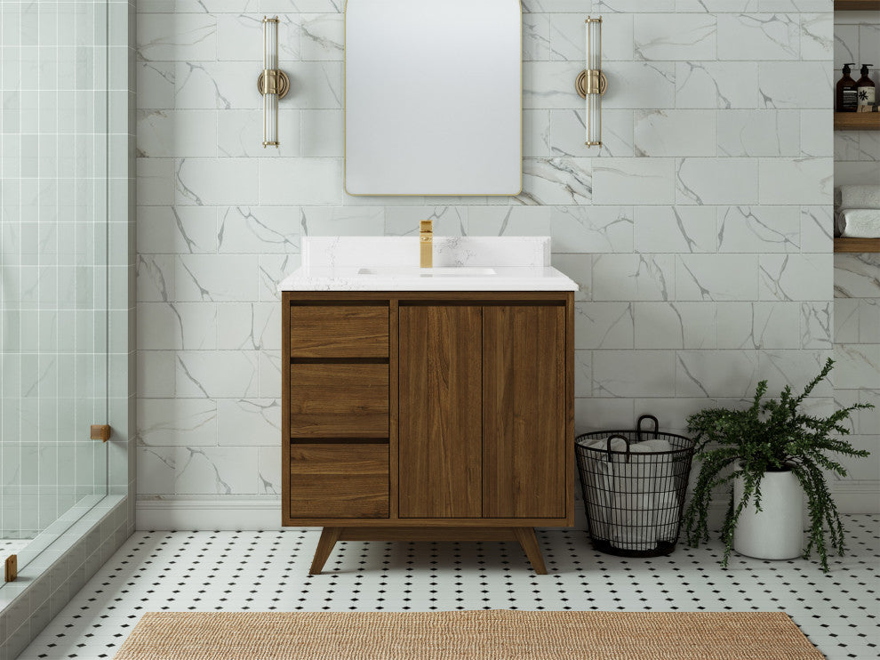 Madison Teak 36 Center Sink Bath Vanity in Dark Natural 1.5" Empira Quartz