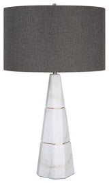 Luxe Tapered White Marble Pyramid Table Lamp 29 in Faceted Gray Veined Brass