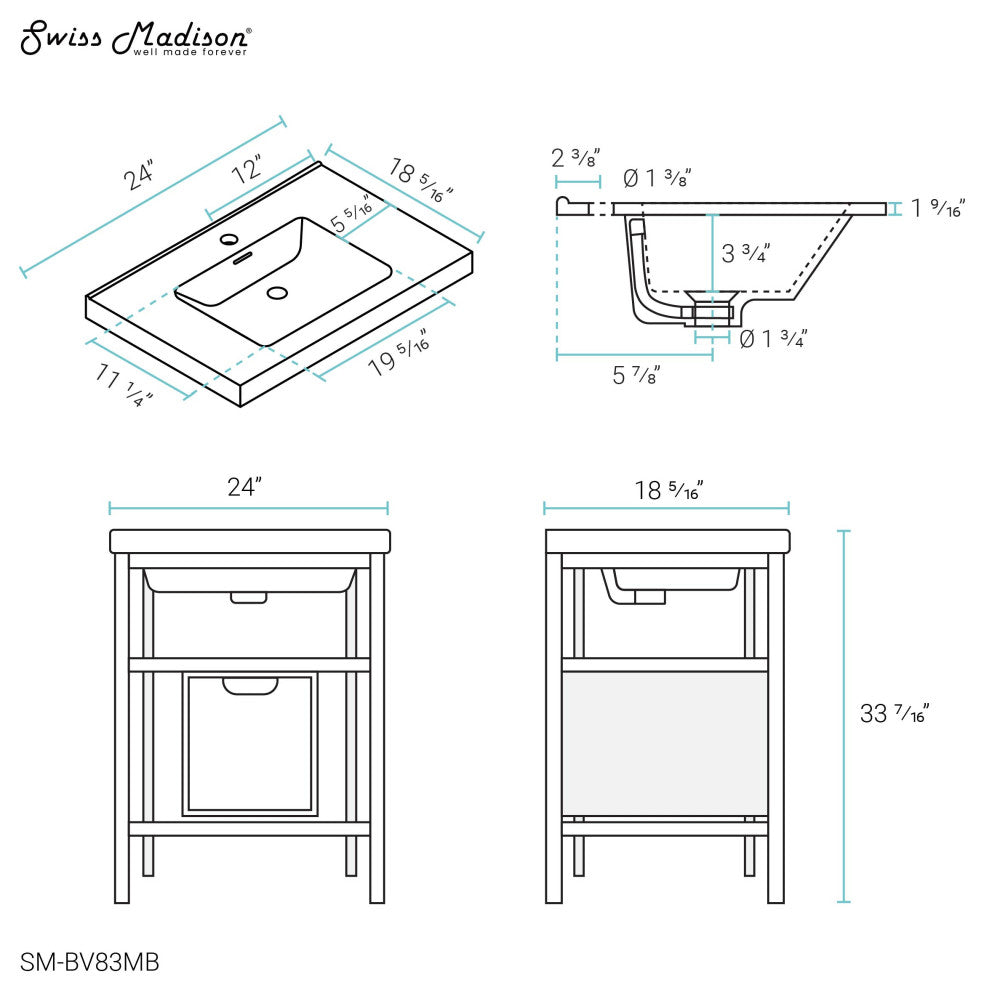 Ivy 24" Freestanding Bathroom Vanity in Glossy White with Matte Black Frame