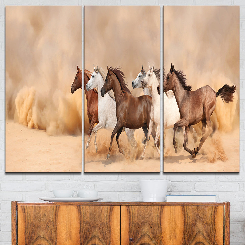 "Herd Gallops in Sand storm" Photography Metal Wall Art, 3 Panels, 36"x28"