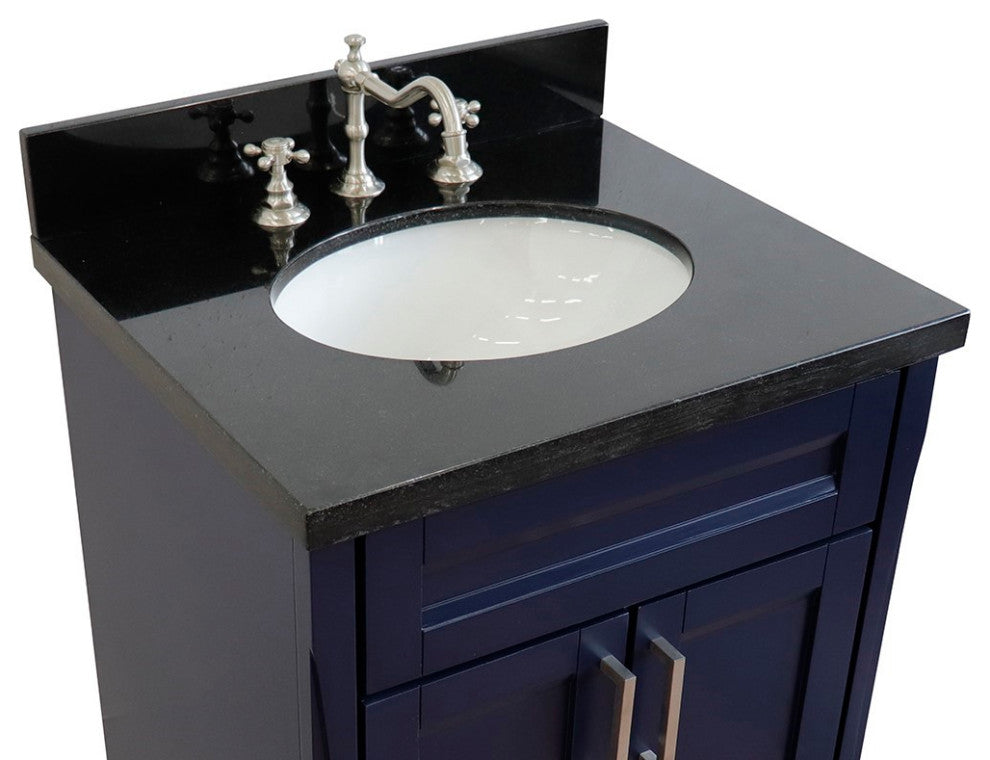 25" Single Sink Vanity, Blue Finish With Black Galaxy Granite And Oval Sink