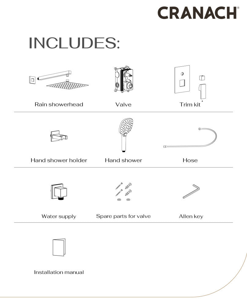 CRANACH CROZET 10-Inch Square Rain Shower System, Multifunction handshower, Brushed Gold