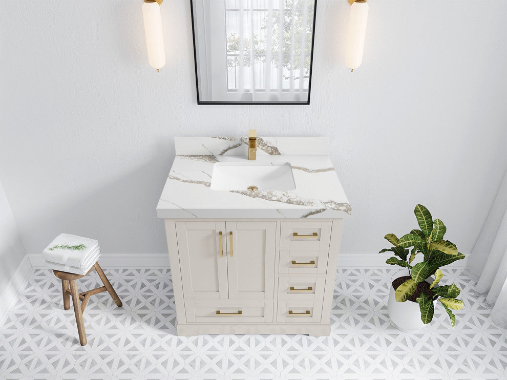 Boston 36" Center Sink Bath Vanity in Fine Grain 2" Calacatta Gold